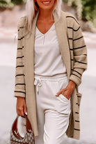 Black Stripe Side Pockets Open Front Cardigan Cardigans e25a392ea08443c8