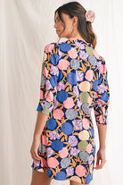 Navy Blue Hydrangea Floral V Neck Puff Sleeve Dress Short Dresses e264fce999adf905