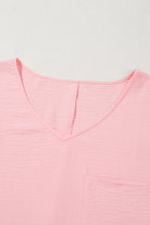 Pink Solid Color V Neck Textured Plus Size Blouse Plus Size Tops e2a1edb3534627a4