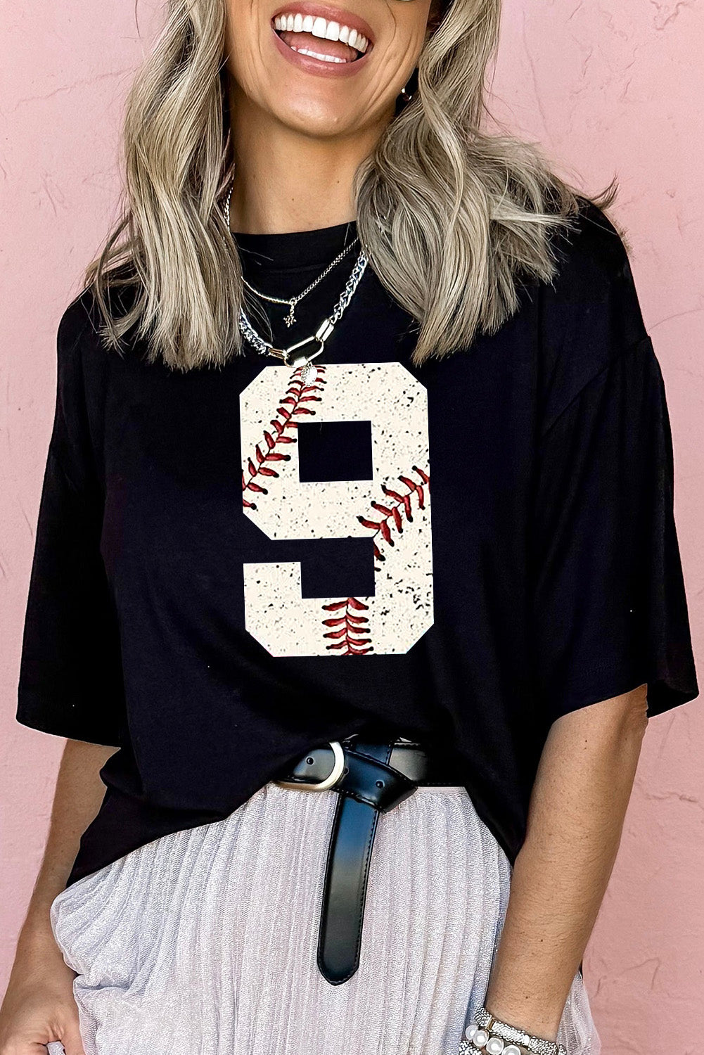 Black Game Day Number 9 Baseball Pattern Heat Transfer Printing Oversize Tee Graphic Tees e2c19b1391fd9fbd
