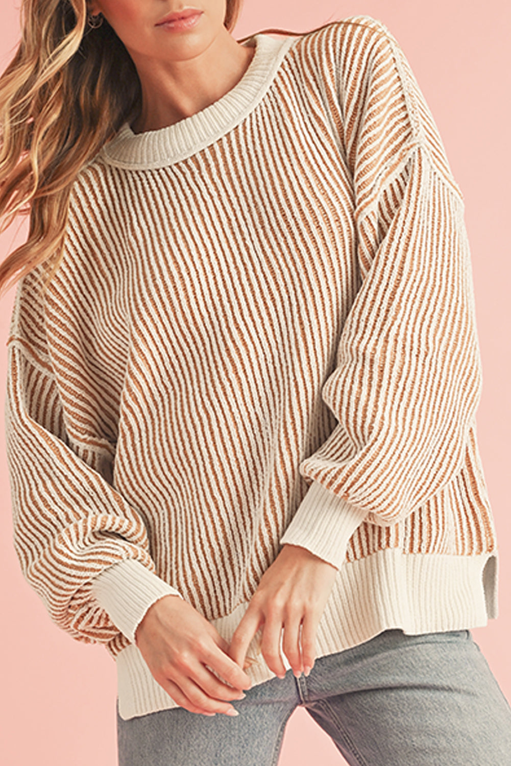 Chestnut Striped Contrast Trim Loose Sweater Sweaters e2db69ca5094e59b