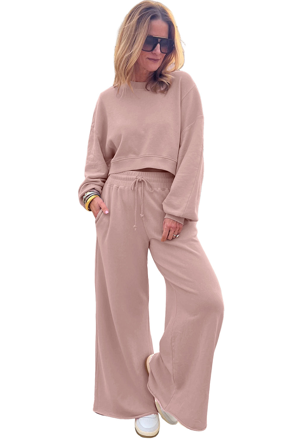 Light Pink Drop Shoulder Crop Pullover Drawstring Wide Leg Pants Set Two Piece Pants Sets e2df6b48817707ae