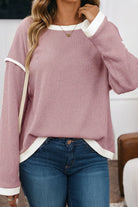 Light Pink Contrast Trim Knitted Drop Shoulder Plus Size Top Plus Size Tops e31b6c94b77beb61