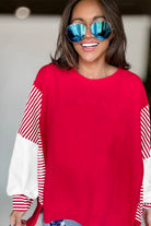 Fiery Red Striped Patchwork Sleeve Colorblock Sweatshirt Sweatshirts & Hoodies e321d8574e36d4e6