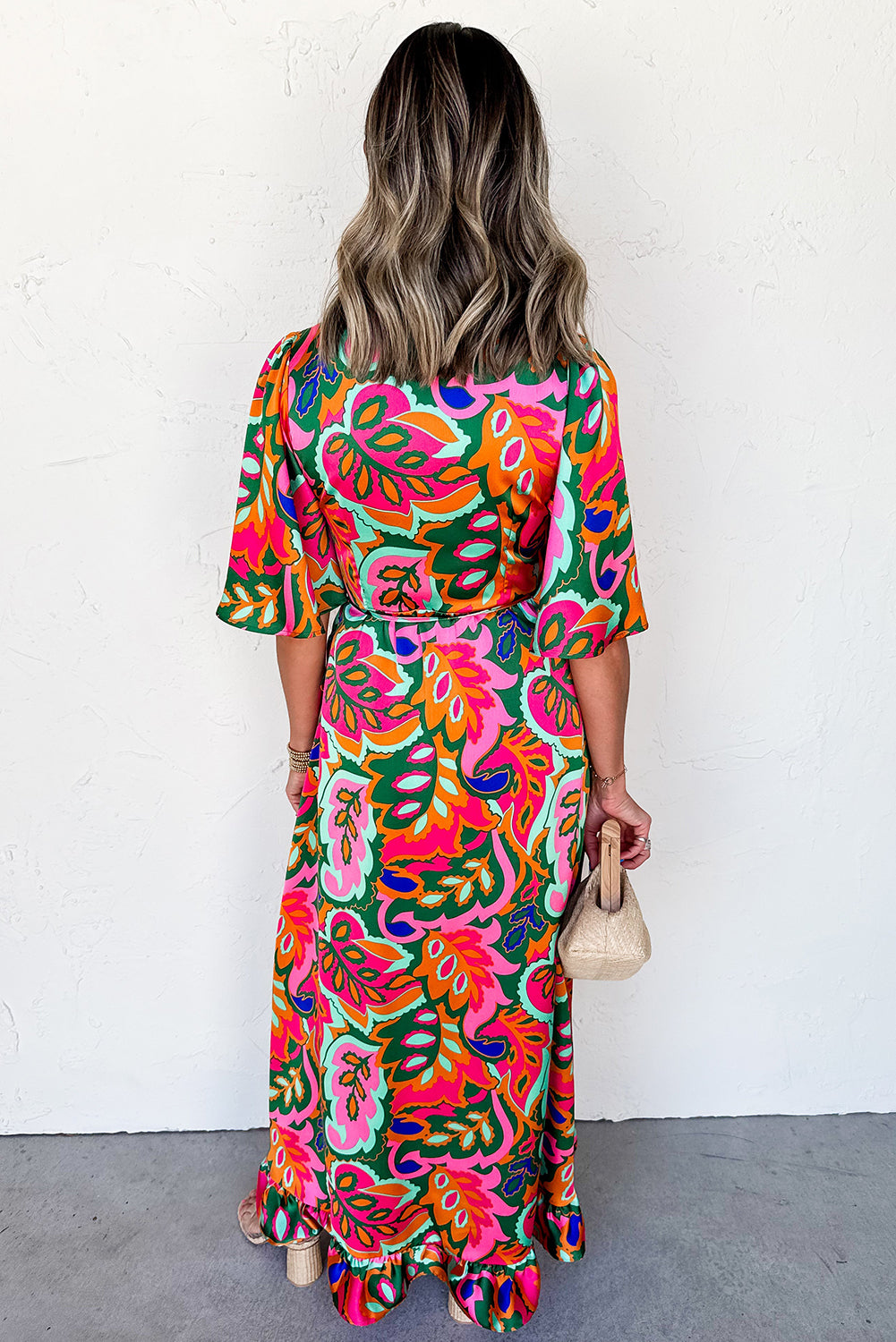Rose Tropical Plant Print Surplice V Neck Ruffle Hem Maxi Dress Maxi Dresses e32f7d828270c538