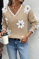 Smoke Gray Jacquard Floral Scallop V-neck Sweater Sweaters e377cf7b62061e5e