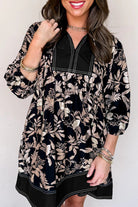 Black 3/4 Sleeve Botanical Print Split Neck Loose Mini Dress Mini Dresses e3dc9c6258d33efd