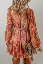 Orange Boho Paisley Print Long Sleeve Pleated Belted Mini Dress Short Dresses e3e4ca615364eab5