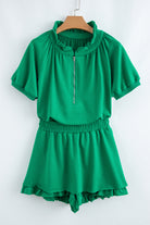 Pink Half Zip Puff Sleeve Top and Ruffle Shorts Set Two Piece Shorts Sets e3fe4f9fb1722b24