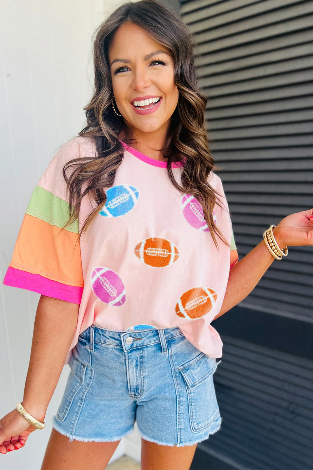 Pink Game Day Football Graphic Color Block Sleeve Tee Graphic Tees e4085c83c527fc34