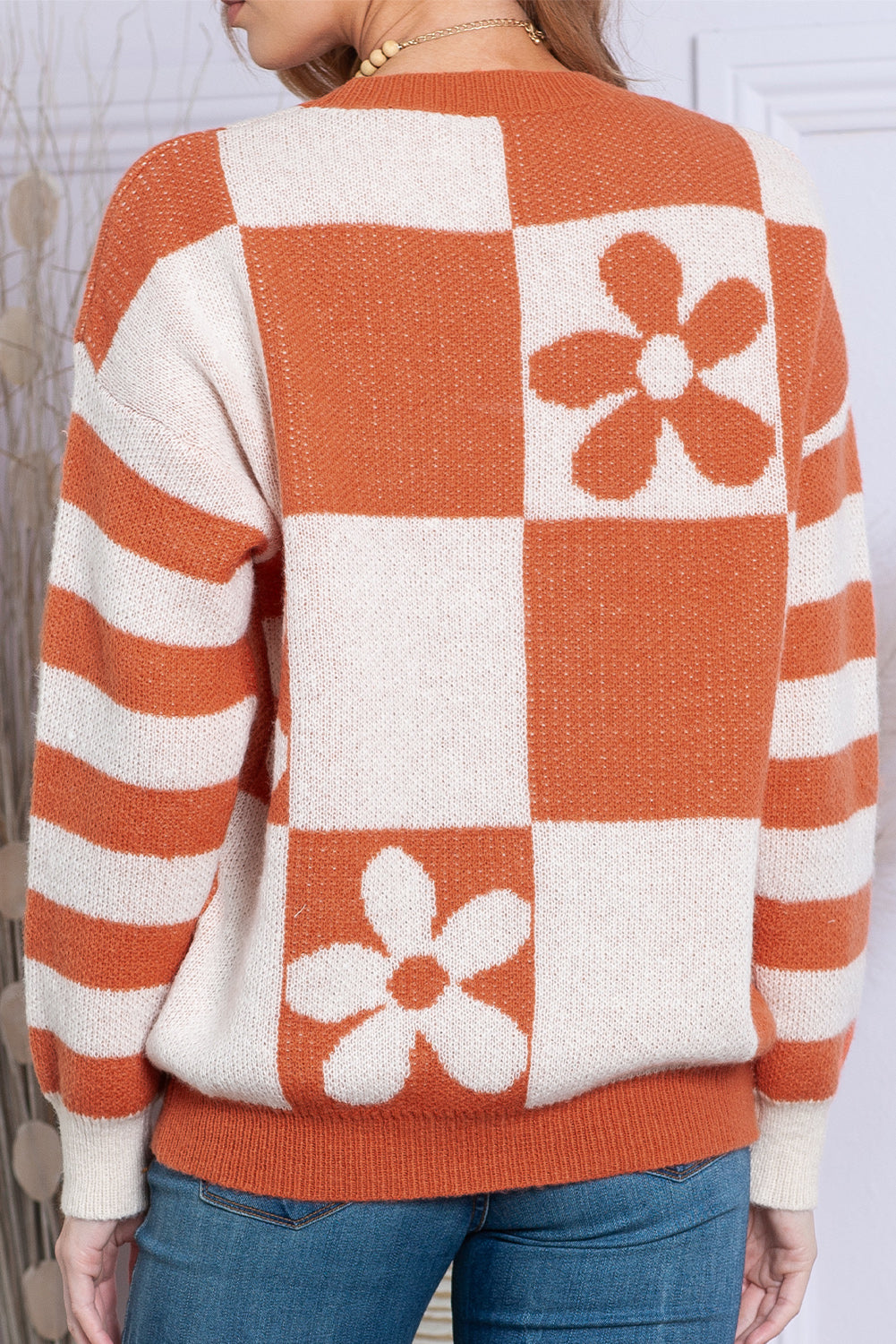 Brown 60s Floral Checkered and Striped Knitted Pullover Sweater Sweaters e4459a22aff14f65