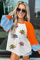 Light Grey Thanksgiving Turkey Graphic Sequins Patch Color Block Raglan Sleeve Top Graphic Apparel e48c852a2423b9ca