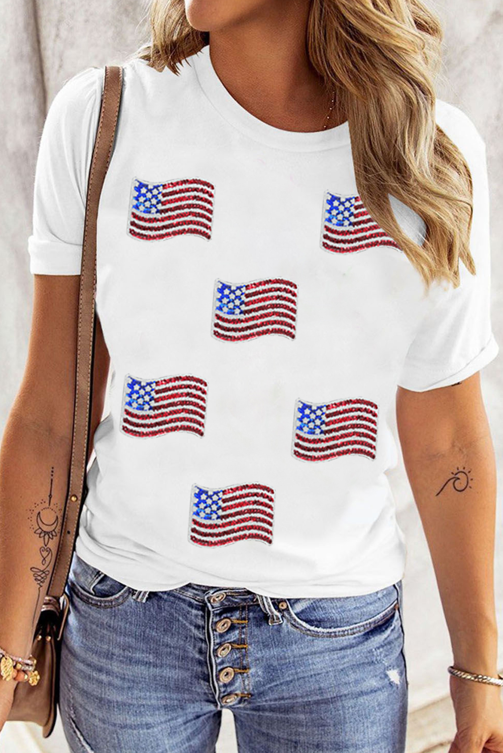 White Sequin American Flag Patched Casual T Shirt Graphic Tees e4aefb09ac2cc418