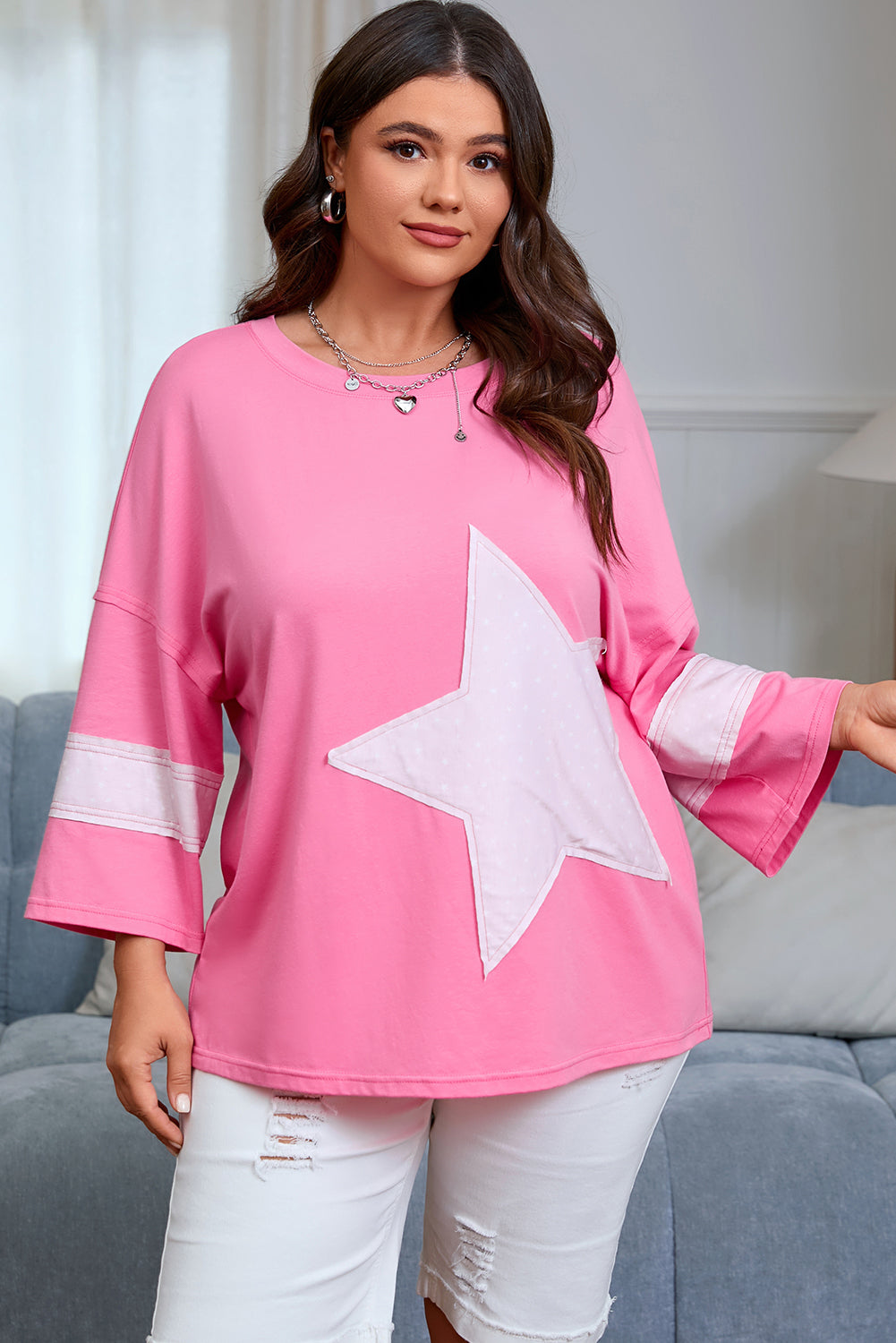 Pink Raw Edge Frayed Star Patched Plus Size Top Plus Size Tops e4b24d3476e9ce63