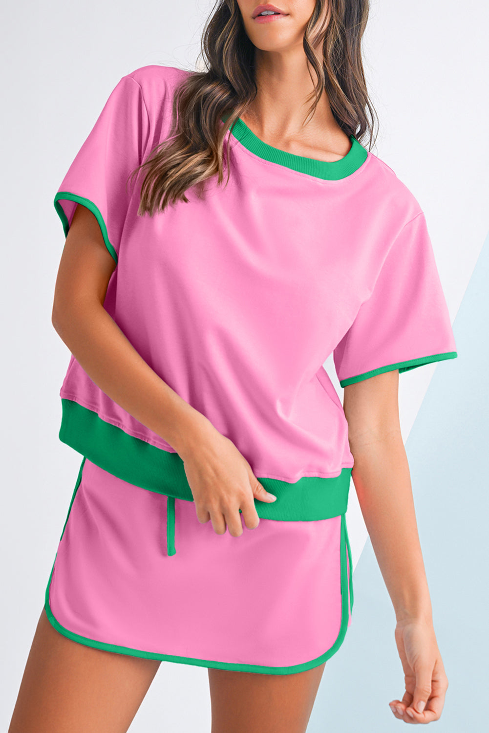Evergreen Colorblock Edge Drop Shoulder T Shirt and Skort Set Two Piece Shorts Sets e4b76dd81f3f0ff4