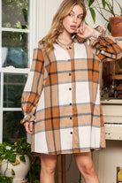 Khaki Plaid Pattern Collared Neck Ruffled Sleeve Shirt Dress Short Dresses e4c2212446b09c1a