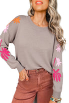 Simply Taupe Embroidered Floral Sleeve Round Neck Loose Sweater Sweaters e4c676f1d043057d