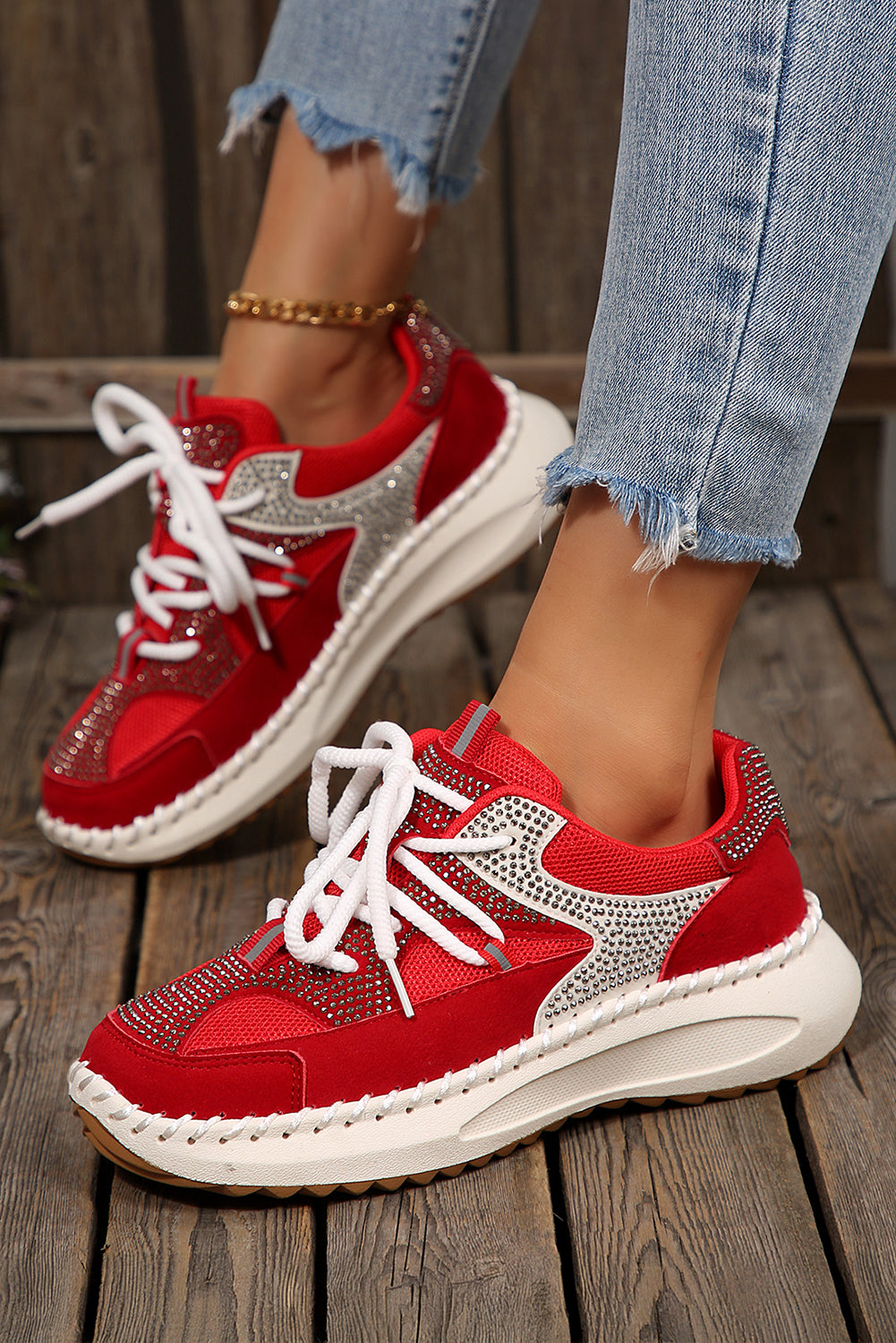 Fiery Red Rhinestone PU Leather Platform Casual Sneakers Sneakers e4d08ebeab27622a
