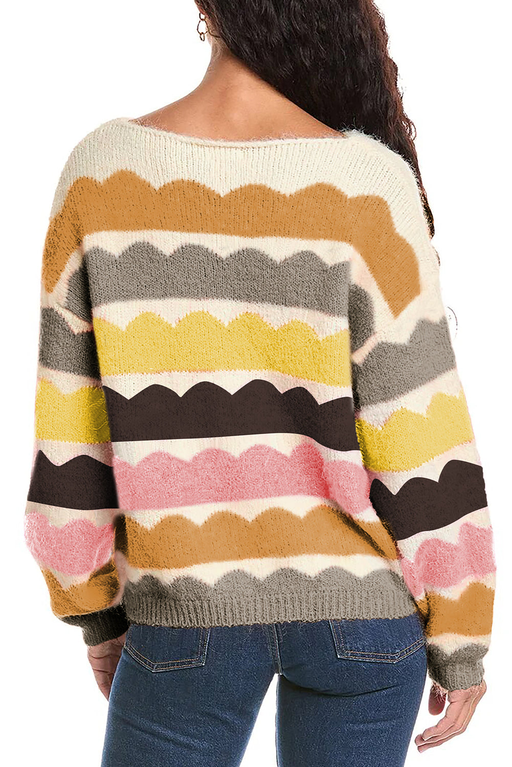 Yellow Wave Striped Balloon Sleeve Drop Shoulder Sweater Sweaters e4d42d1c173c9887