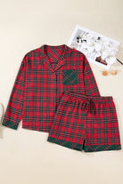 Red Plus Size Plaid Patchwork Long Sleeve Shirt and Shorts Pajama Set Plus Size Matching Sets e4dddda3e06ff54b
