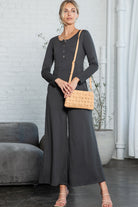 Dark Grey Henley Long Sleeve Wide Leg Jumpsuit with Pockets Jumpsuits e513f37c3ced534b