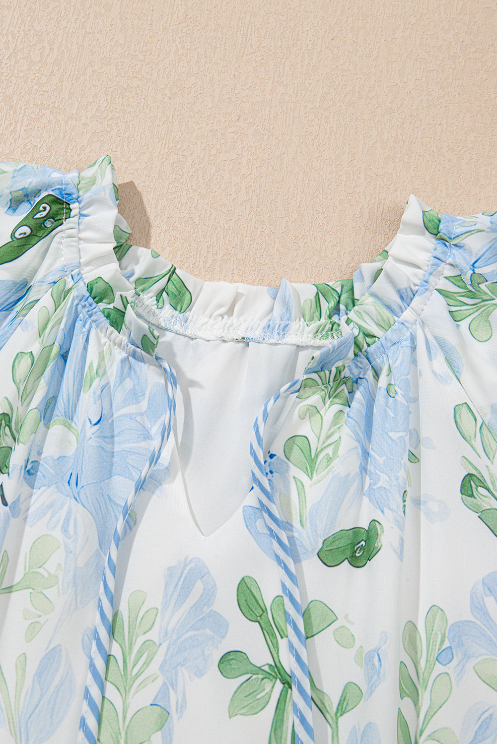 Sky Blue Floral Contrast Edge Ruffle Sleeve Tie Neck Mini Dress Short Dresses e553eebd29f15135