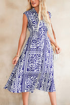 Dirty Blue Floral Print Smocked Waist Sleeveless Dress Midi Dresses e56ef25a094ada79