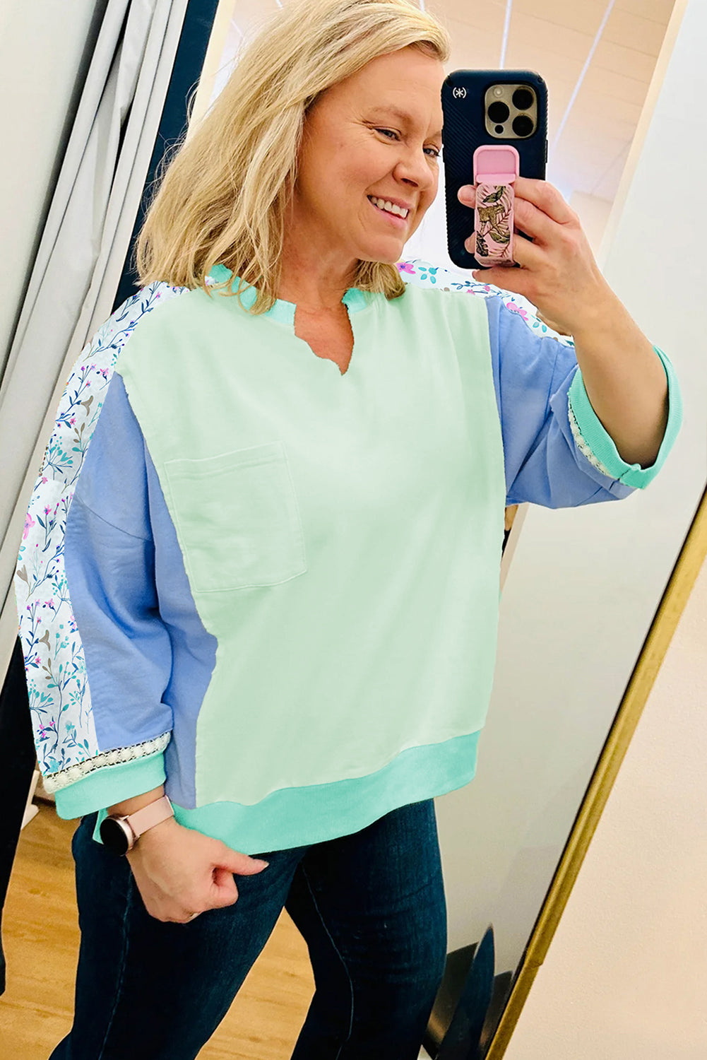 Green Color Block Floral Patchwork Long Sleeve Notched Neck Plus Size Top Plus Size Tops e5707b3fc4ae1799