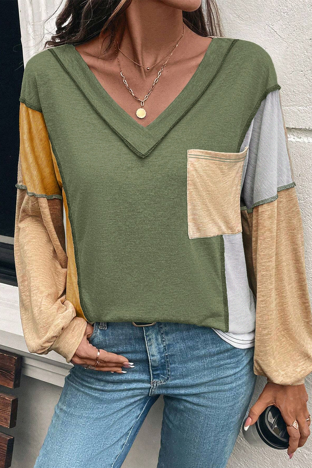 Jungle Green Exposed Stitching Colorblock V Neck Long Sleeve Top Long Sleeve Tops e5c8333b6b44caed