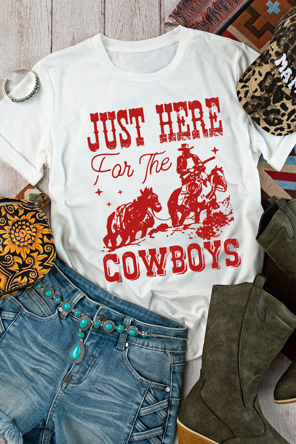 White JUST HERE For THE COWBOY Crew Neck T Shirt Graphic Tees e5fad19e74cbe88e