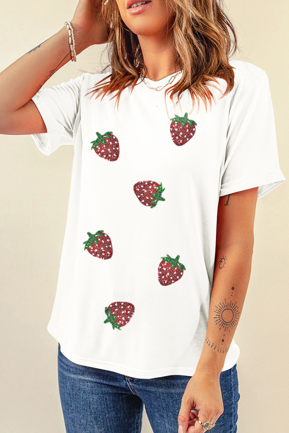 White Sequin Strawberry Patched Crew Neck T Shirt Graphic Tees e602b0545f741c0d