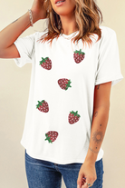 White Sequin Strawberry Patched Crew Neck T Shirt Graphic Tees e602b0545f741c0d