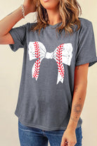 Gray Casual Baseball Bowknot Graphic Roll Up Sleeve Tee Graphic Tees e617cc397d0edb84
