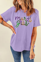 Wisteria Sequin mardi gras Letter Print Crewneck Tee Graphic Tees e62d6eed29bffea2