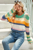 Green Colorblock Striped Hollow Knitted Top Knit Tops e62df67391b347f0