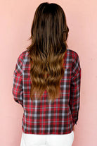 White Plaid Print Collared V Neck Loose Blouse with Side Slits Blouses e630d82f534ed111