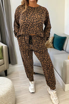 Brown Varsity Striped Trim Leopard Long Sleeve Top Drawstring Pant Set Pant Sets e63e133be2a246da