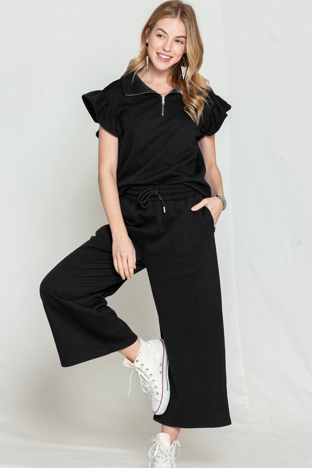 Black Textured Ruffle Cap Sleeve Top and Wide Leg Pants Set Two Piece Pants Sets e65b8c70afa38aaa