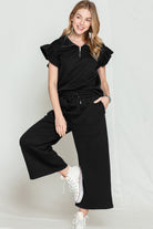 Black Textured Ruffle Cap Sleeve Top and Wide Leg Pants Set Two Piece Pants Sets e65b8c70afa38aaa