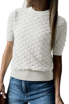 White Fish Scale Textured Knit Ribbed High Neck Short Sleeve Sweater Sweaters e65d4d0f5d1b3481