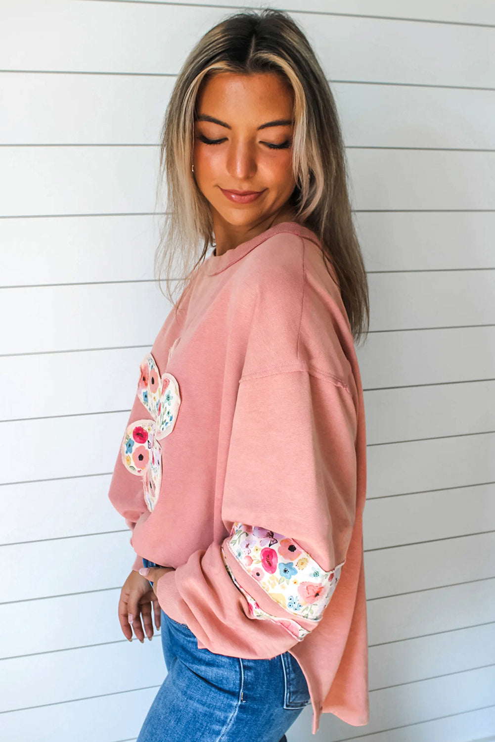 Peach Blossom Plus Size Floral Applique Drop Shoulder Sweatshirt Plus Size Tops e660c4146ba40b70