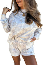 Beige Abstract Maple Leaf Print Long Sleeve Top Elastic Waist Shorts Set Two Piece Shorts Sets e6791b777320f67b