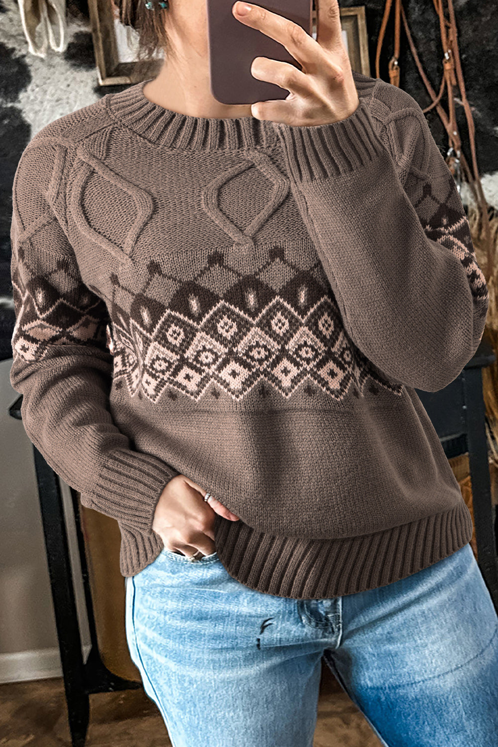 Light French Beige Geometric Pattern Crew Neck Knitted Sweater Sweaters e67eab357e0dc09a