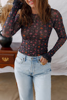 Black Floral Print Smocked Cuff Slim Fit Mesh Bodysuit Bodysuit e6abf0f42dbc0669