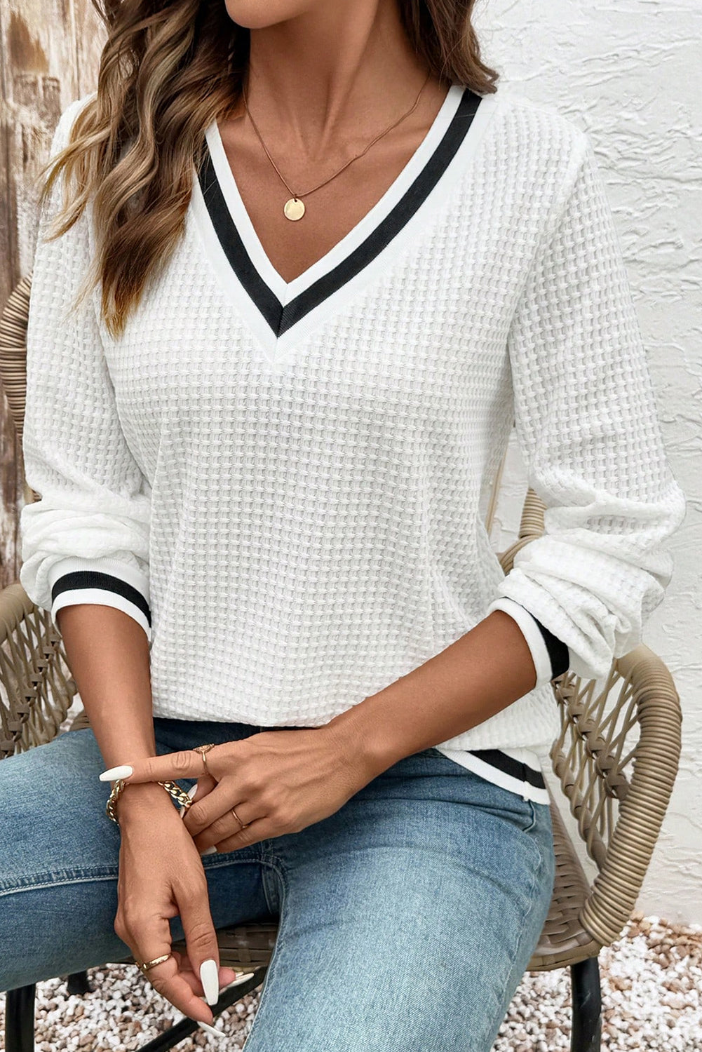 White Textured Knit Preppy Striped Trim V Neck Pullover Waffle Top Long Sleeve Tops e6c234941c82d220