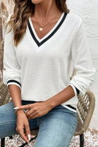 White Textured Knit Preppy Striped Trim V Neck Pullover Waffle Top Long Sleeve Tops e6c234941c82d220