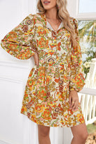 Yellow Cream Floral Print Tie V Neck Long Sleeve Mini Dress Short Dresses e6e5b6adbc773204