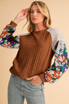Laurel Green Floral Patchwork Raglan Sleeve Ribbed Blouse Long Sleeve Tops e713ee898f3354d4