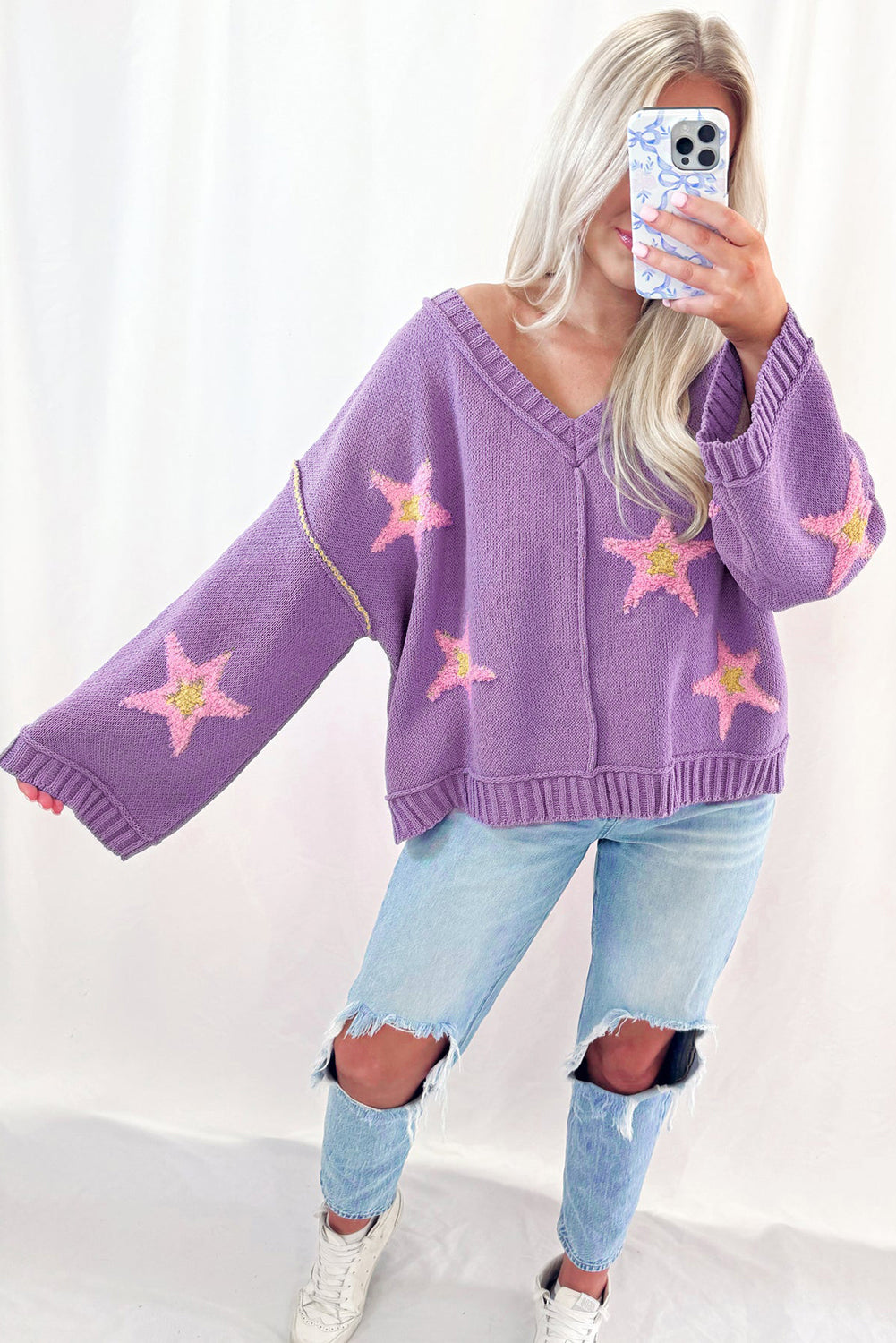 Lavendula Brushed Star Graphic V Neck Drop Shoulder Oversize Sweater Sweaters e7649a9e5dd7c506