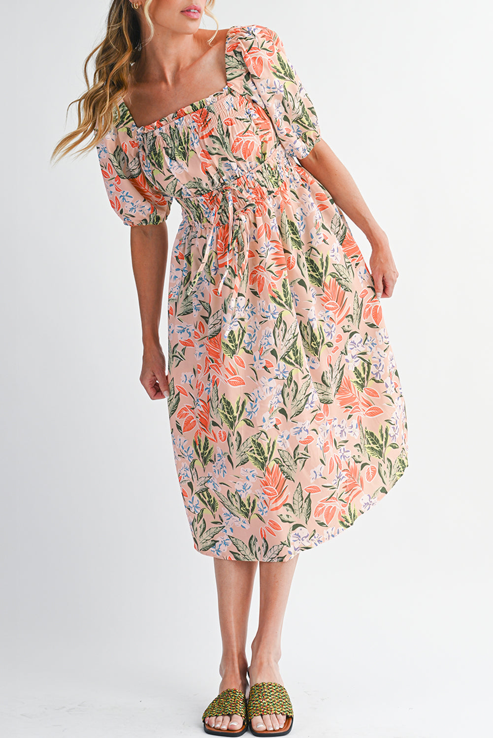 Apricot Pink Floral Knot Front Smocked Bubble Sleeve Dress Midi Dresses e772b49dc6b00692